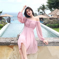雪紡粉嫩一字領露肩不規則中長款渡假洋裝