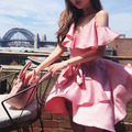 韓系浪漫綢緞不規則荷葉邊復古吊帶露肩連身裙_3