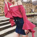 韓系小清新格子一字領甜美設計感上衣_3