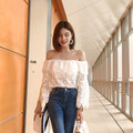 泰國潮牌一字領露肩小清新簍空翻領睫毛蕾絲喇叭袖上衣_3