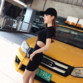 歐美黑色氣質短袖露腰簍空性感連衣裙