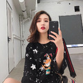 歐美星星印花潮流短袖寬鬆中長款T恤_2