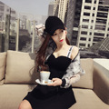 歐美字母性感吊帶收腰黑色優雅連衣裙_1
