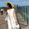 渡假小清新吊帶露背不規則雪紡浪漫長裙_1