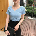 針織顯瘦V領氣質短袖性感修身T恤_1
