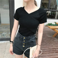 針織顯瘦V領氣質短袖性感修身T恤_3