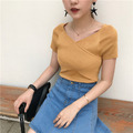 針織顯瘦V領氣質短袖性感修身T恤_2