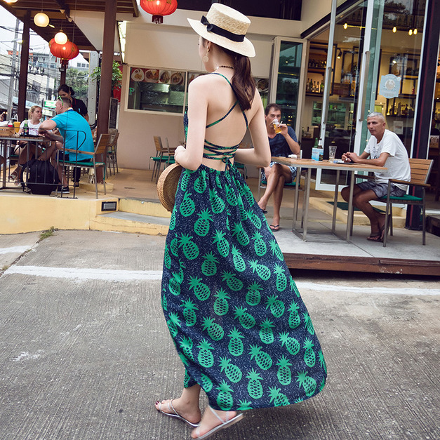 波西米亞美背氣質綠交叉繫帶開衩連身長裙
