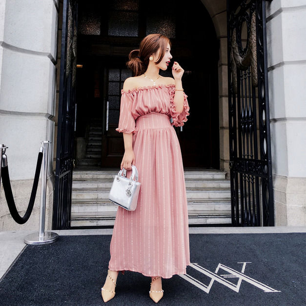 雪紡甜美一字領荷葉袖收腰露肩連身長裙