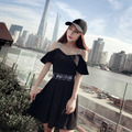 歐美黑色字母肩帶露肩荷葉邊收腰連身裙