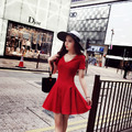 歐美紅色百搭顯瘦收腰V領短袖連身裙_4