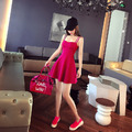 歐美字母性感吊帶收腰玫紅色優雅連衣裙_2