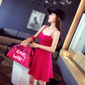 歐美字母性感吊帶收腰玫紅色優雅連衣裙_3