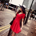歐美紅色百搭顯瘦收腰V領短袖連身裙