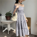 簡約浪漫風格子一字領收腰顯瘦荷葉邊連身裙