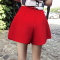 歐美紅色百搭休閒顯瘦高腰闊腿A字短褲_1
