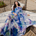 渡假浪漫大裙擺雪紡炫染開衩收腰連身裙洋裝