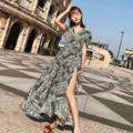 泰國渡假開衩性感碎花露肩連身裙洋裝
