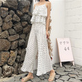 波點復古風吊帶荷葉邊高腰寬鬆連身九分闊腿褲_1
