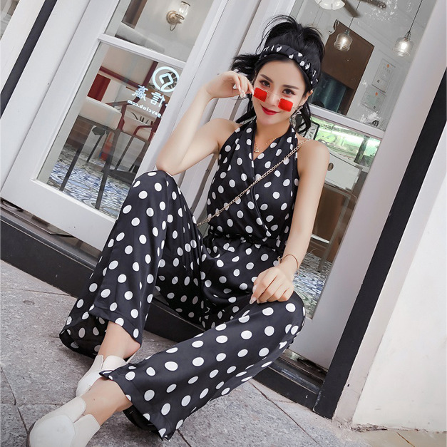 性感波點氣質露背削肩繞脖高腰闊腿九分連身褲