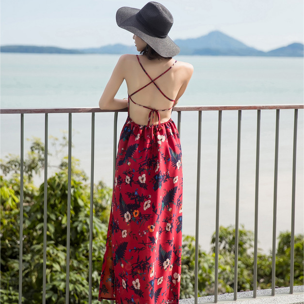 波西米亞性感吊帶露背綁帶雪紡碎花連身長裙