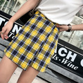 韓系Chic經典不規則高腰格子黃色包臀裙