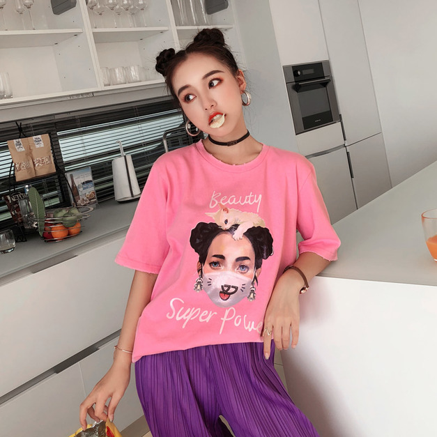 怪異少女新潮流百搭印花字母短袖圓領T恤