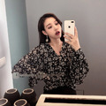 復古碎花氣質大V領小清新優雅雪紡衫