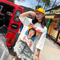 歐美字母印花復古人像落肩袖百搭寬鬆T恤
