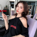 歐美性感削肩小心機氣質中長款短袖T恤_2