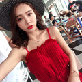 韓系Chic氣質顯白紅女神渡假雪紡吊帶百褶連身褲_3