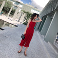 韓系Chic氣質顯白紅女神渡假雪紡吊帶百褶連身褲_4
