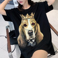 韓版寬鬆潮流狗頭印花圖案圓領時尚黑色短袖T恤