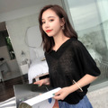 歐美慵懶百搭V領寬鬆蝙蝠針織衫短袖T恤_3