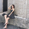 韓系Chic時尚收腰吊帶格子小清新木耳邊連身裙_4