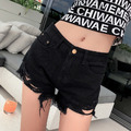 歐美個性顯瘦百搭黑色刷破乞丐牛仔短褲