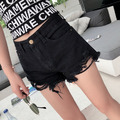 歐美個性顯瘦百搭黑色刷破乞丐牛仔短褲_1