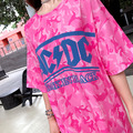 歐美寬鬆BF風玫紅色迷彩短袖T恤中長款上衣_4