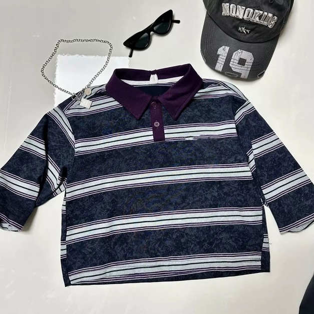 條紋領口POLO風TEE      80-140CM