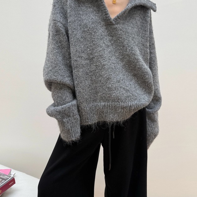 法式頹美大V翻領針織上衣 3色
