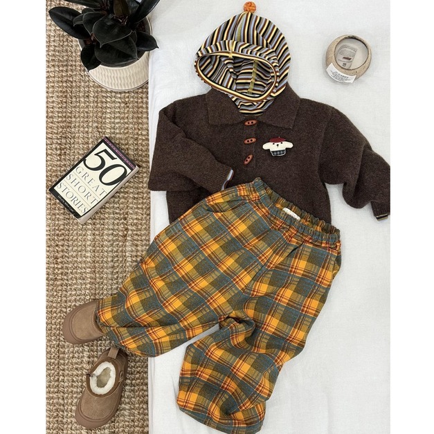 翻領針織上衣＋格子闊腿褲（套裝）