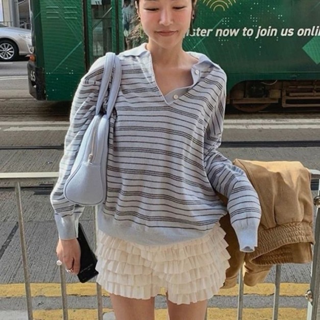 韓國 針織條紋POLO領上衣  均碼