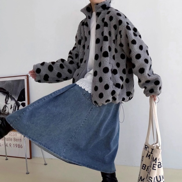 正韓女裝｜波點羊羔絨短外套 3色