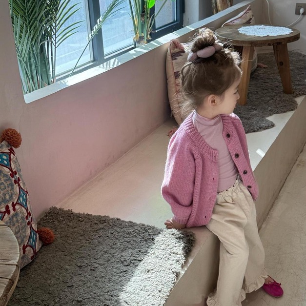 甜粉針織開衫 × 花邊休閒長褲 春秋款套裝