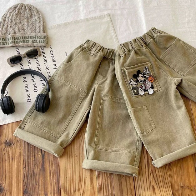 卡其後卡通刺繡工作褲