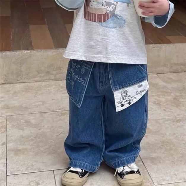 可愛拼接設計鬆緊牛仔褲