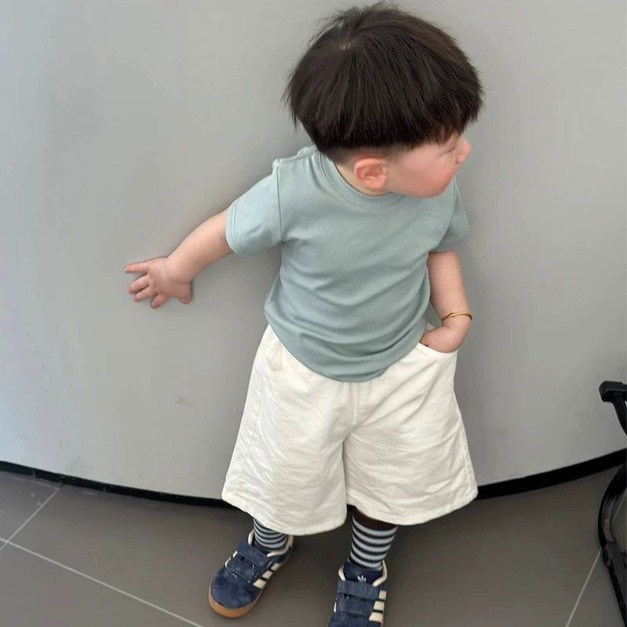 夏季純色短袖+白色休閒寬庫 兩件組