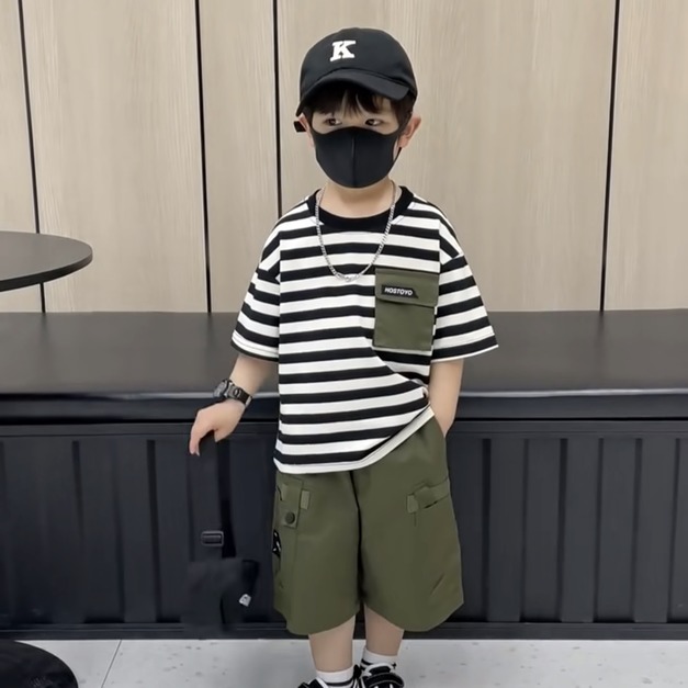 條文口袋上衣+工裝短褲 2件套件組