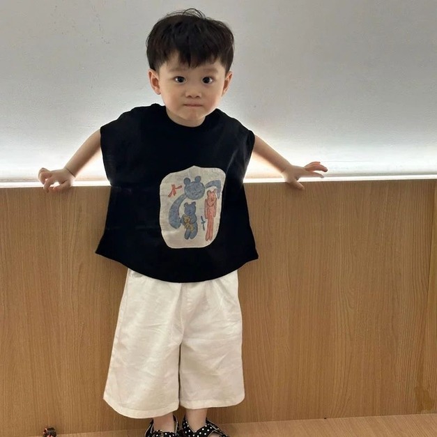 卡通印花短袖+白色休閒寬庫 兩件組