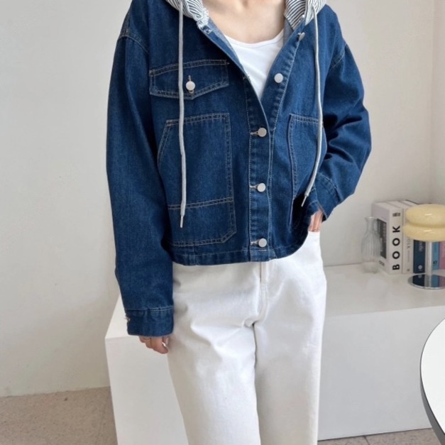 休閒連帽拼接牛仔外套   2色